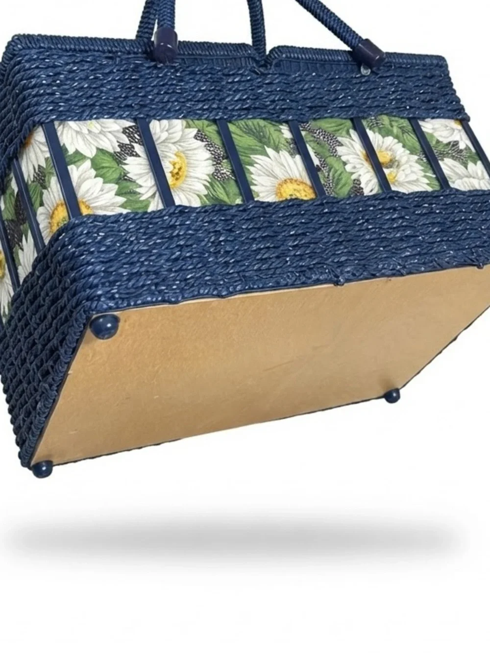Vtg Wicker Sewing Basket Blue With Sunflowers Storage Box With Handle